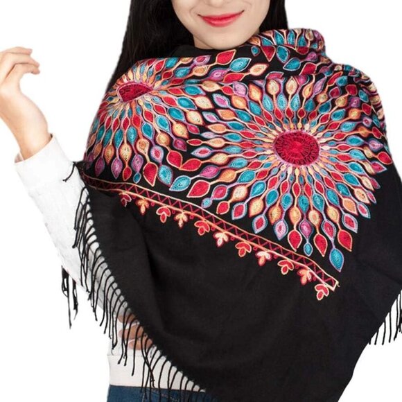 Women's Embroidered Oversize Tassel Shawl Wrap Scarf for Formal Evening Wear - Picture 4 of 7